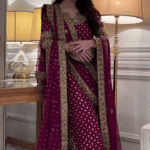Asim Jofa inspired premium chiffon embroidered 3 piece suit with heavy handwork, satin silk trouser and embroidered chiffon dupatta.