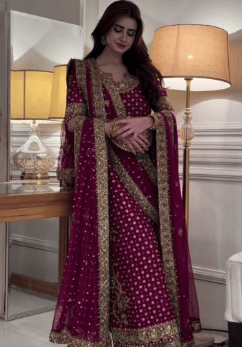 Asim Jofa inspired premium chiffon embroidered 3 piece suit with heavy handwork, satin silk trouser and embroidered chiffon dupatta.
