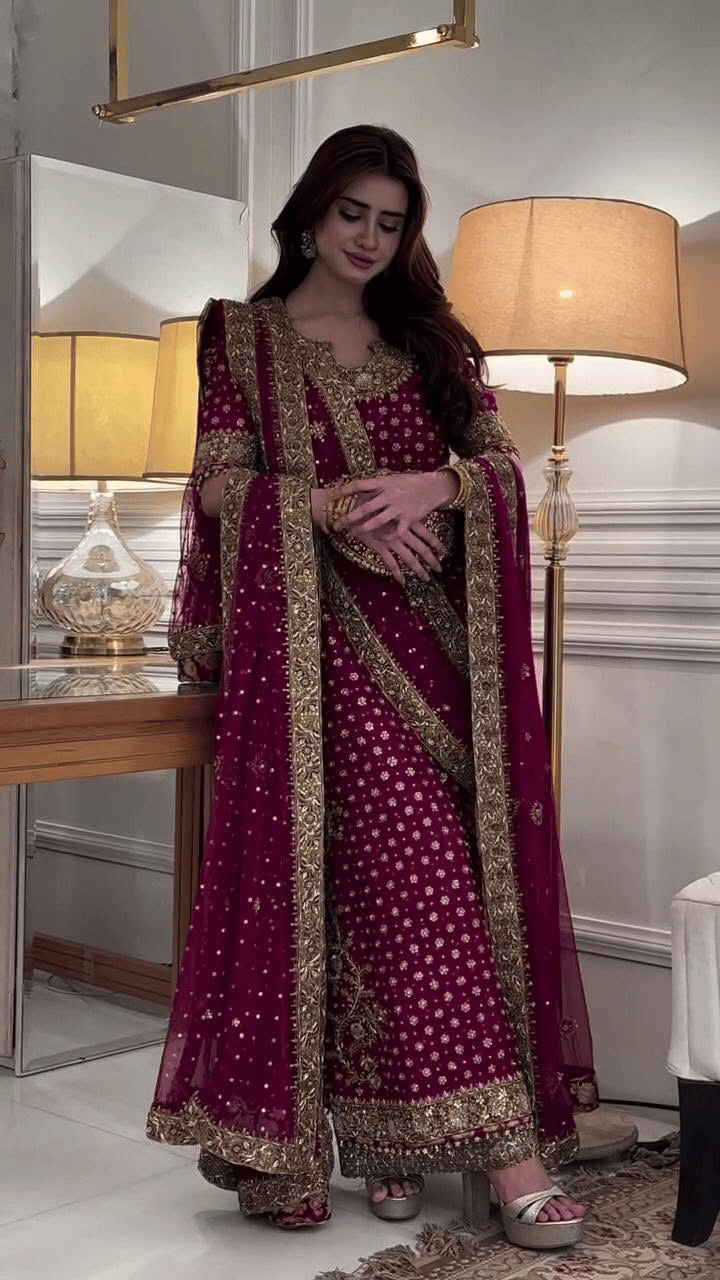 Asim Jofa inspired premium chiffon embroidered 3 piece suit with heavy handwork, satin silk trouser and embroidered chiffon dupatta.