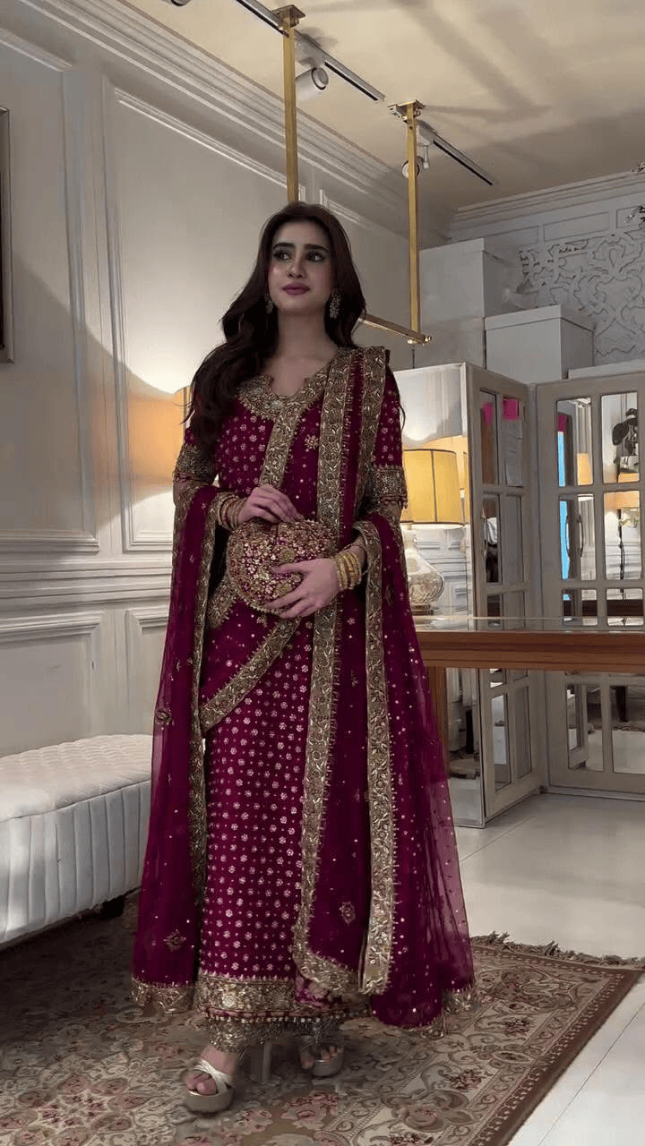 HARIS SHAKEEL – AISHA MARGENTA UNSTICHTED EMBROIDERED 3PC MAXI - HC-01