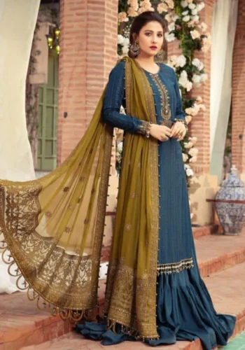 HC-00 Teal & Maroon Embroidered Chiffon and Malai Unstitched 3 Piece Suit for Women