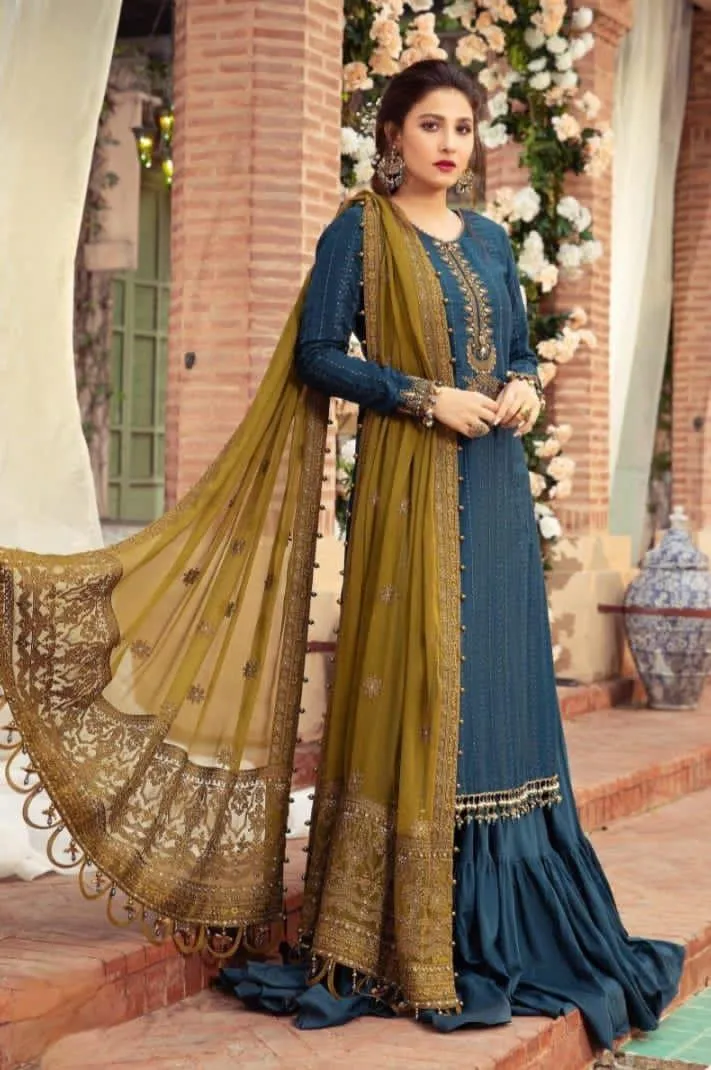 HC-00 Teal & Maroon Embroidered Chiffon and Malai Unstitched 3 Piece Suit for Women