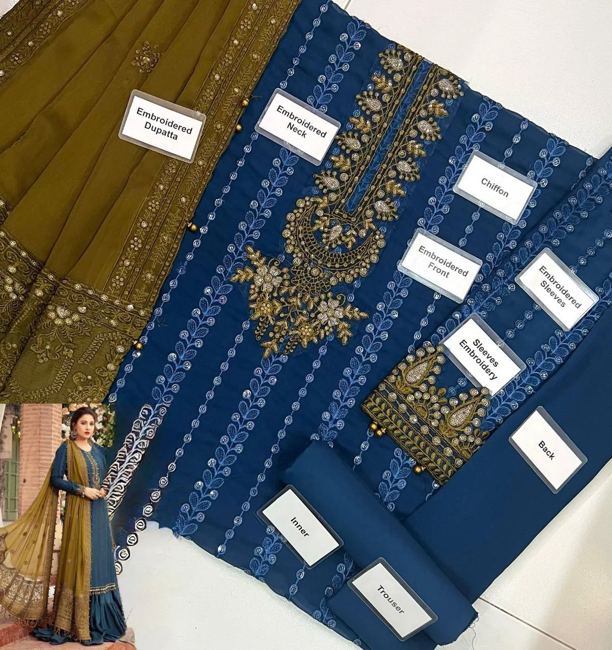 HC-00 Teal & Maroon Embroidered Chiffon & Malai Unstitched 3PC Suit