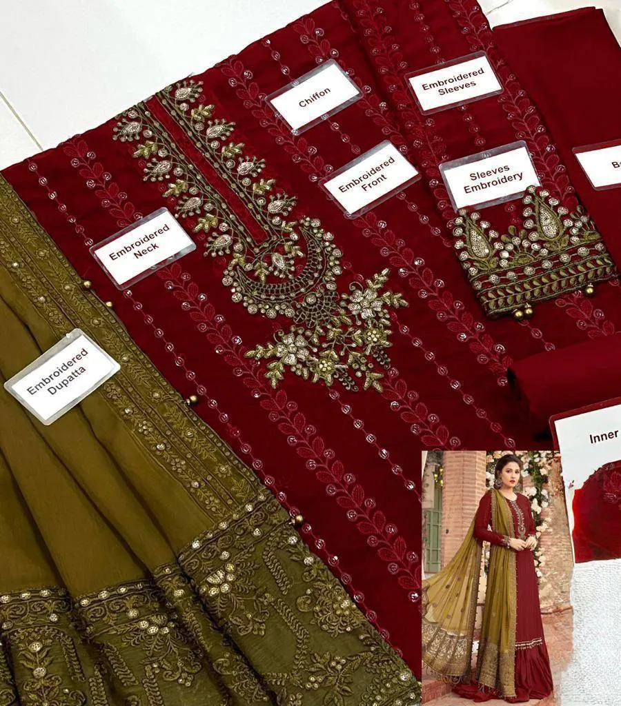 HC-00 Teal & Maroon Embroidered Chiffon & Malai Unstitched 3PC Suit