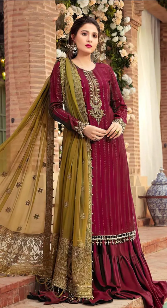 HC-00 Teal & Maroon Embroidered Chiffon & Malai Unstitched 3PC Suit