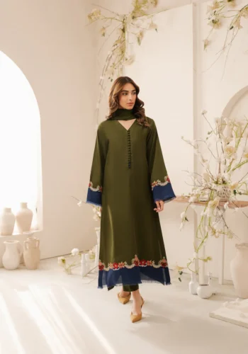 HC-736 premium quality danak 3 piece embroidered suit with dyed trouser and plain dyed dupatta for women