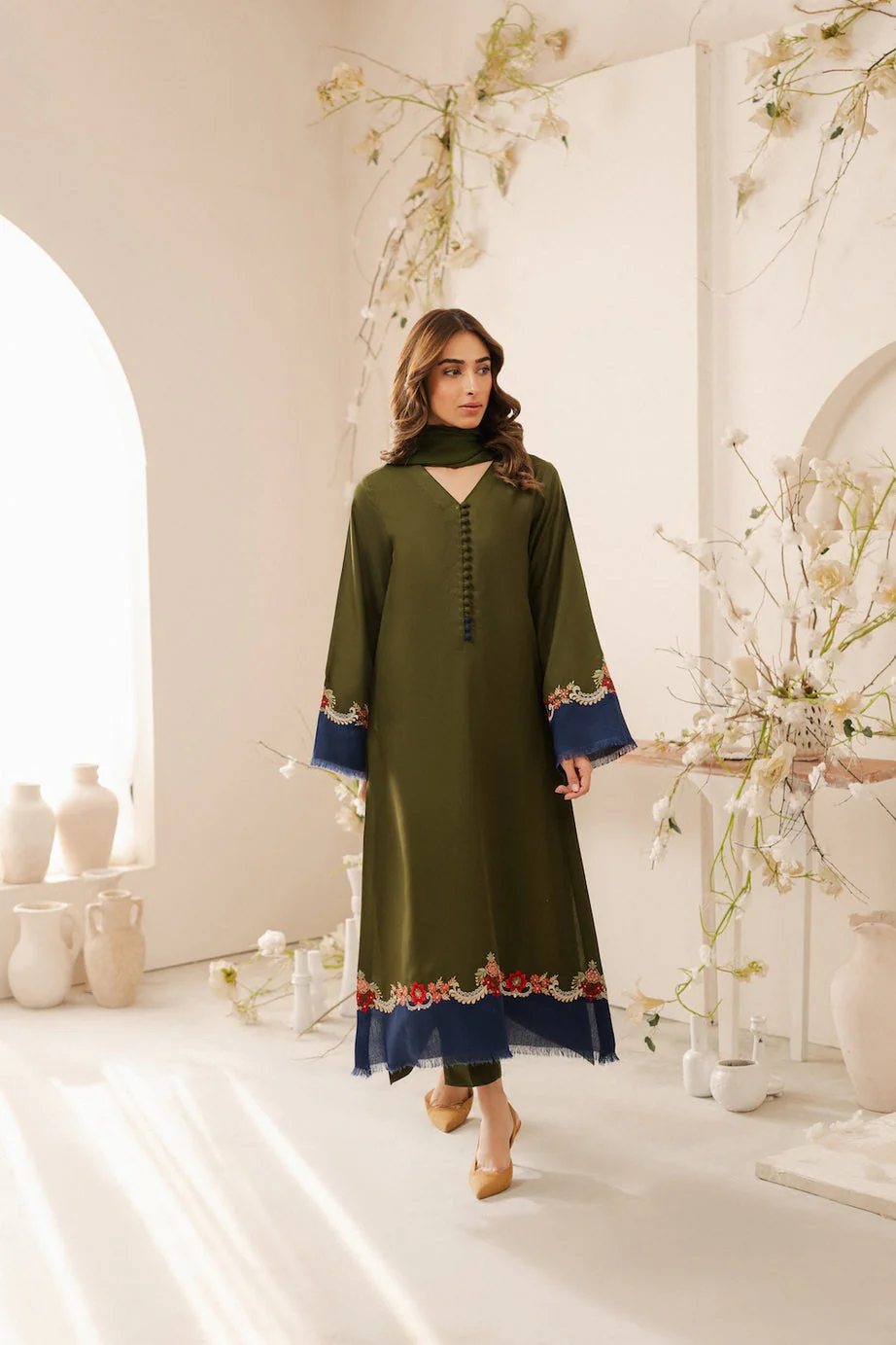 HC-736 premium quality danak 3 piece embroidered suit with dyed trouser and plain dyed dupatta for women