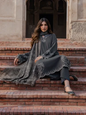 HC-325 Izel luxury embroidered lawn 3 piece unstitched suit with embroidered shirt, dupatta, and trouser