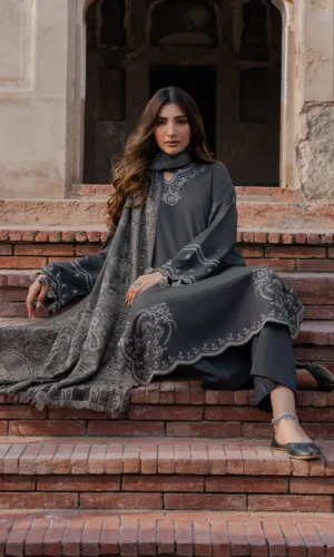 HC-325 Izel luxury embroidered lawn 3 piece unstitched suit with embroidered shirt, dupatta, and trouser