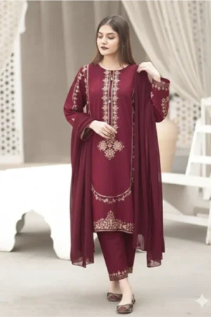 HC-304 Mehroon Umzay luxury embroidered lawn 2PC dress for women with elegant embroidery and soft summer fabric