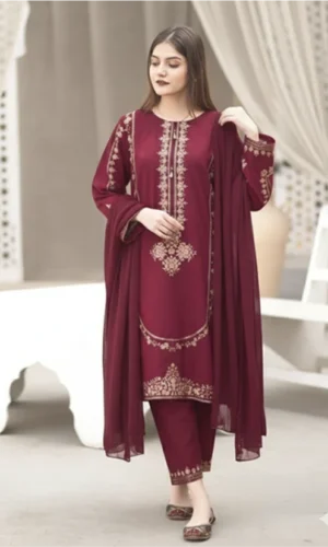 HC-304 Mehroon Umzay luxury embroidered lawn 2PC dress for women with elegant embroidery and soft summer fabric