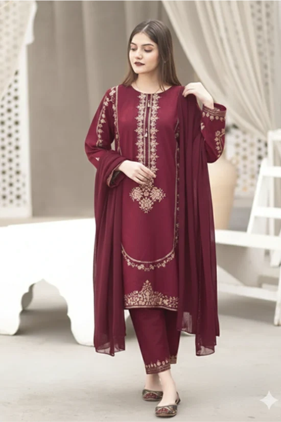 HC-304 Mehroon Umzay luxury embroidered lawn 2PC dress for women with elegant embroidery and soft summer fabric
