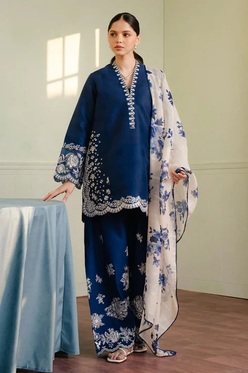 HC-318 Dark Blue Coco by Zara luxury applique work sleeves lawn 3PC dress for women with elegant embroidery and premium fabric