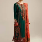 HC-323 bottle green Hussain Rehar trending hit code lawn 3PC dress for women with stylish embroidery and premium fabric