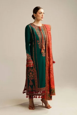 HC-323 bottle green Hussain Rehar trending hit code lawn 3PC dress for women with stylish embroidery and premium fabric