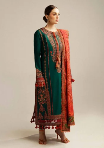 HC-323 bottle green Hussain Rehar trending hit code lawn 3PC dress for women with stylish embroidery and premium fabric