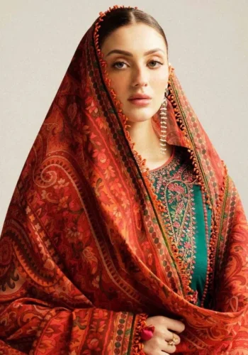 HC-323 bottle green Hussain Rehar trending hit code lawn 3PC dress for women with stylish embroidery and premium fabric