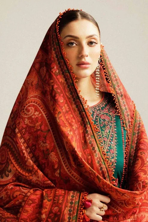 HC-323 bottle green Hussain Rehar trending hit code lawn 3PC dress for women with stylish embroidery and premium fabric
