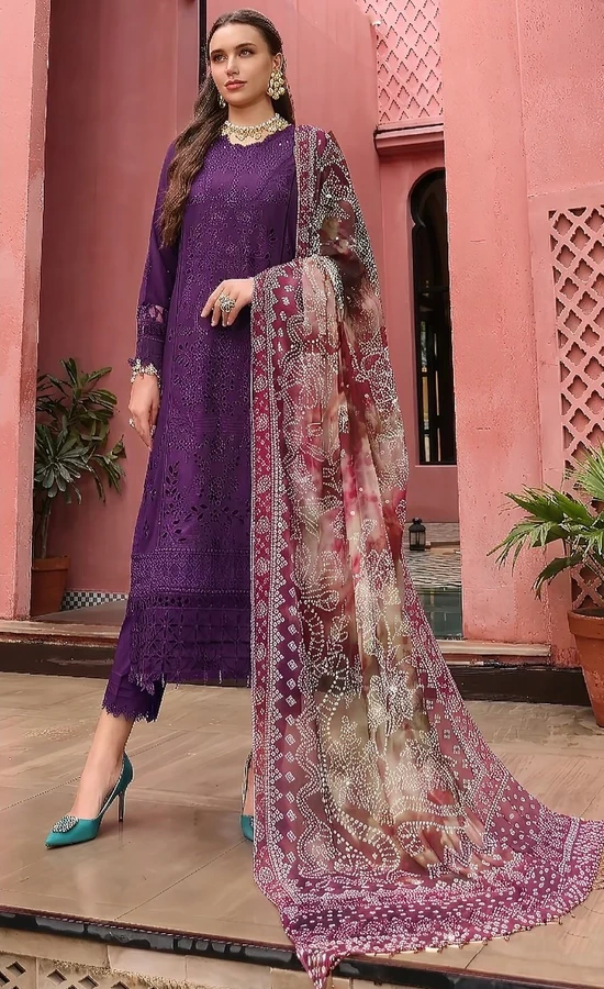 HC-348 dark purple Nureh Chunri laser cut chikankari special dress for women with elegant embroidery and premium fabric