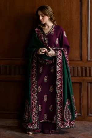 HC-508 Batik purple luxury embroidered lawn 3PC dress for women with elegant design and premium summer fabric