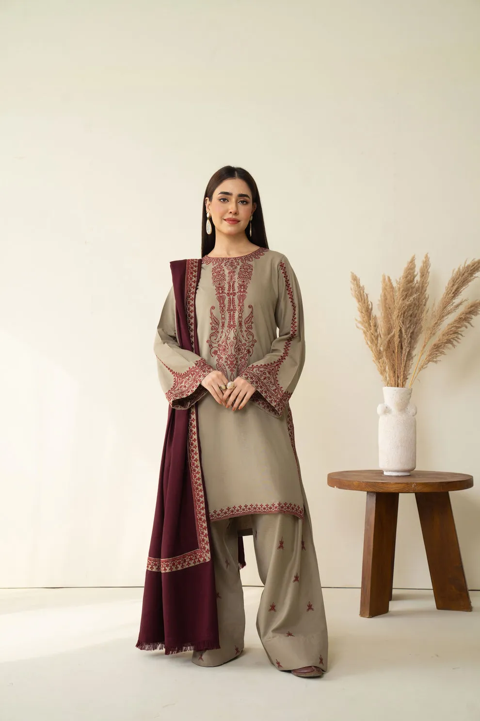 HC-313 Baroque embroidered lawn 3 piece unstitched suit with luxury embroidery for women