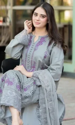HC-6502 Mushq chickenkari Eid special lawn 3 piece suit for women with elegant embroidered festive design