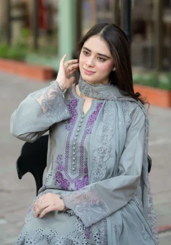 HC-6502 Mushq chickenkari Eid special lawn 3 piece suit for women with elegant embroidered festive design