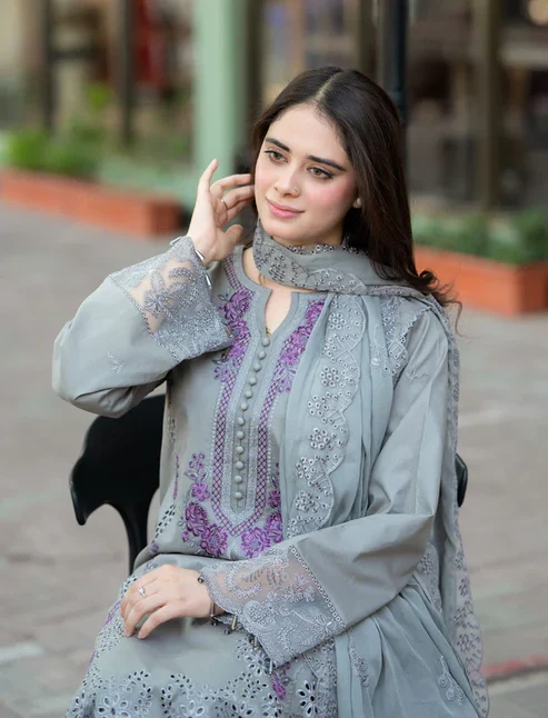 HC-6502 Mushq chickenkari Eid special lawn 3 piece suit for women with elegant embroidered festive design