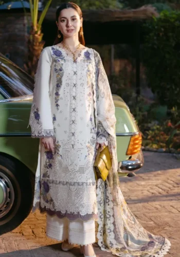 HC-802 Jade by Hania chickenkari special lawn 3PC embroidered unstitched suit for women summer collection Pakistan