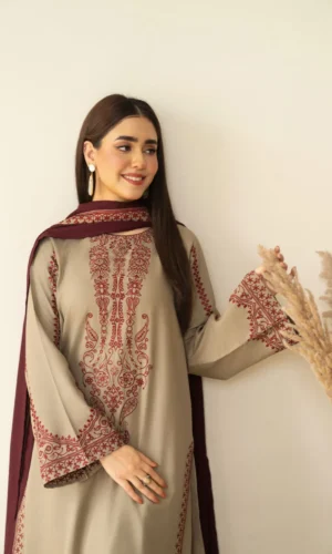 HC-313 Baroque embroidered lawn 3 piece unstitched suit with luxury embroidery for women