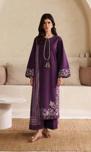 HC-9000 Batik premium luxury lawn 3 piece suit in royal purple for women with elegant festive design