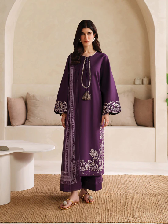 HC-9000 Batik premium luxury lawn 3 piece suit in royal purple for women with elegant festive design