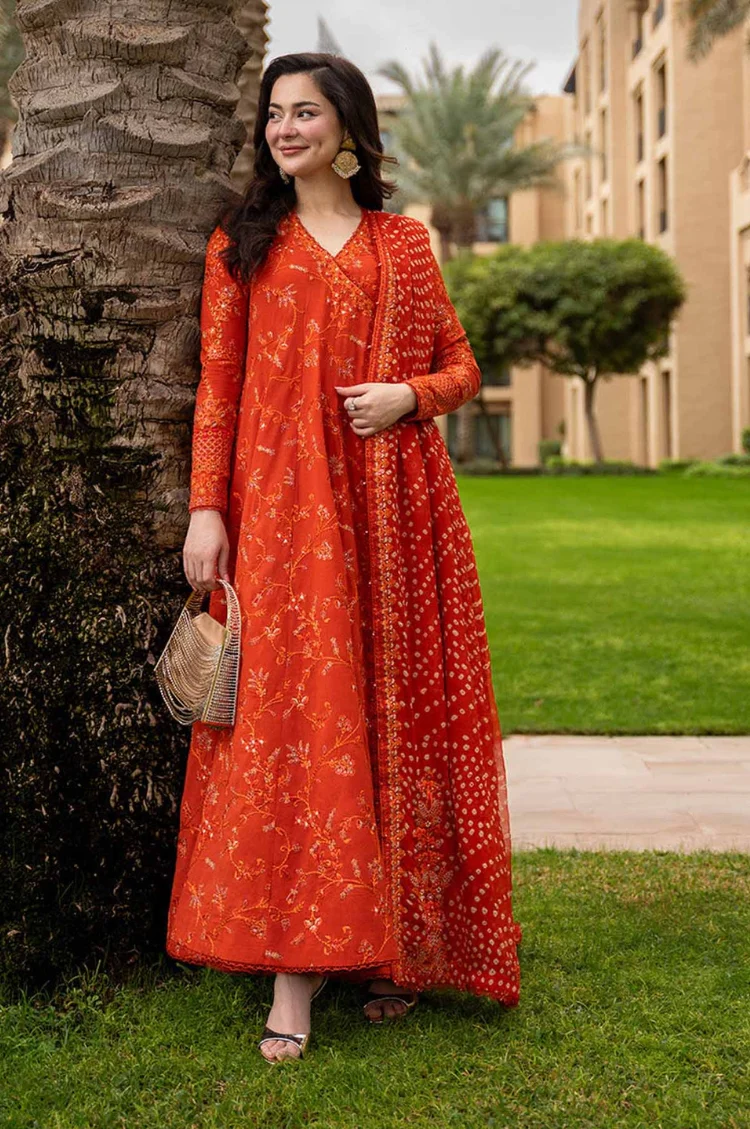 HC-7000 Faiza Saqlain frock style lawn 3 piece embroidered suit with chunri printed dupatta for women