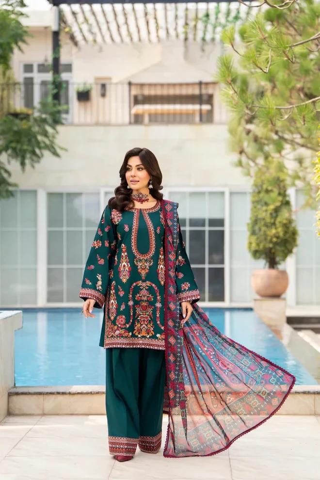 HC-600 Hussain Rehar premium 3 piece designer lawn suit for women elegant embroidered festive wear