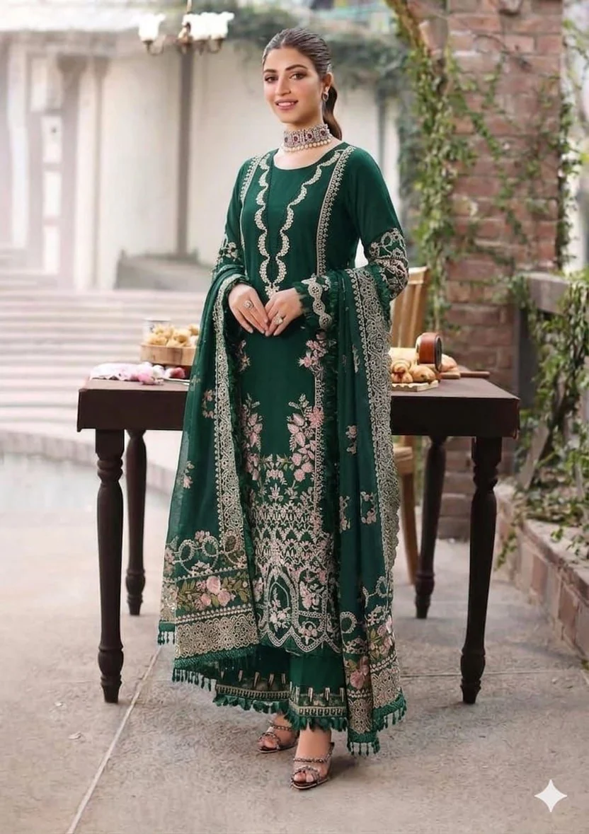 HC-9888 Kinza Hashmi bottle green 3 piece luxury suit for women elegant embroidered festive wear