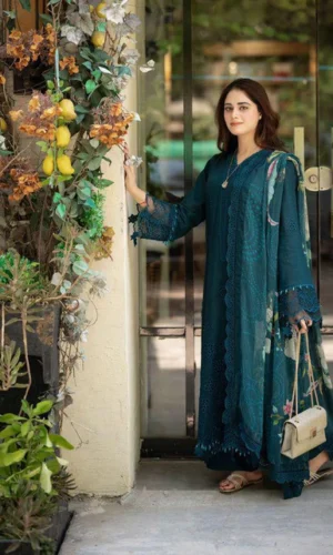 HC-339 Libas luxury chickenkari lawn 3 piece suit for women with elegant embroidered festive design