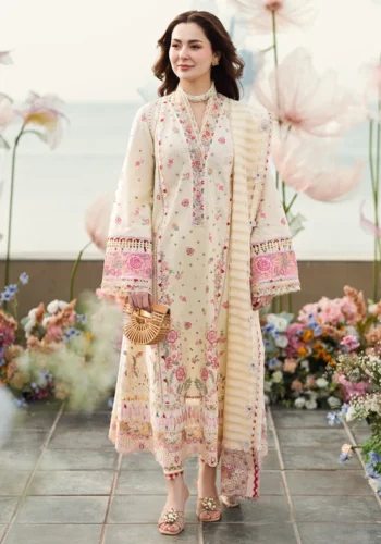 HC-343 Qalamkar by Hania luxury embroidered lawn 3 piece suit for women with elegant designer festive style