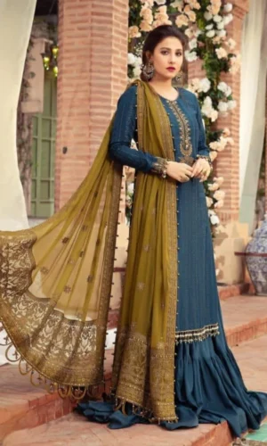 HC-00 Teal & Maroon Embroidered Chiffon and Malai Unstitched 3 Piece Suit for Women