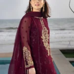 HC-007 Azure Carnelian sequins embroidered chiffon unstitched 3 piece suit in deep maroon