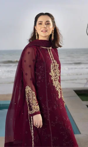 HC-007 Azure Carnelian sequins embroidered chiffon unstitched 3 piece suit in deep maroon