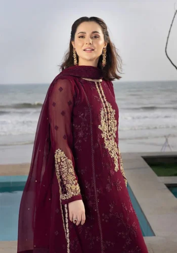 HC-007 Azure Carnelian sequins embroidered chiffon unstitched 3 piece suit in deep maroon