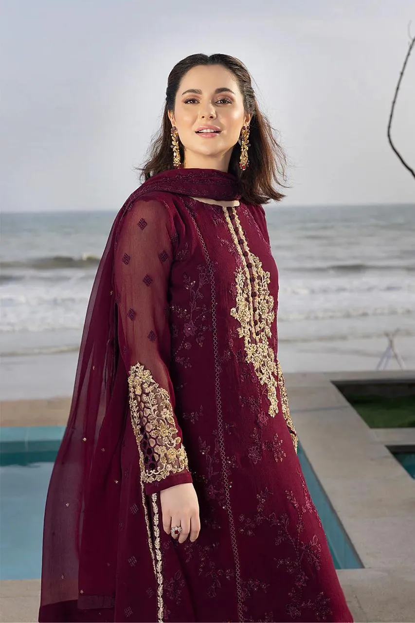 HC-007 Azure Carnelian sequins embroidered chiffon unstitched 3 piece suit in deep maroon