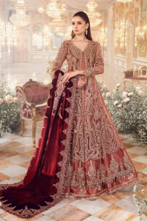 HC-0058 MARIA.B Unstitched Embroidered Salmon Pink 3 Piece Suit with Embroidered Shirt, Dupatta and Trouser