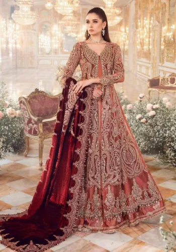 HC-0058 MARIA.B Unstitched Embroidered Salmon Pink 3 Piece Suit with Embroidered Shirt, Dupatta and Trouser